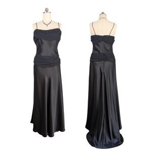 Cache Prom Dress Maxi Gown 12 Black Satin Glam Vintage 90s Y2K Cowl Fairy Goth